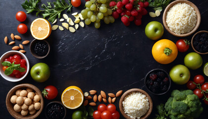 Fototapeta na wymiar Balanced Diet Background with Healthy Nutritions