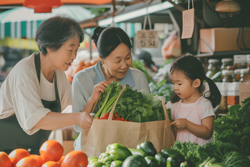 Asian grandmother with granddaughter choosing vegetables at the market and collecting food in reusable paper shopping bag