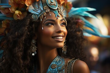 Naklejka premium Brazilian Carnival. Young woman enjoying the carnival party. Beautiful young woman in a peacock carnival costume. Beauty model woman at a party over festive background with magical glow.