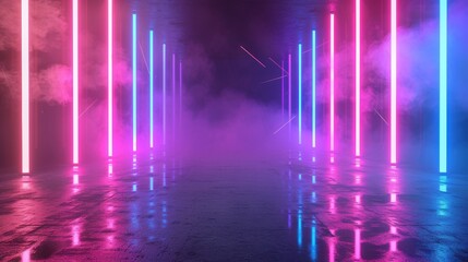Neon pink and blue lights casting a vivid glow through mist in a reflective hallway, creating an ethereal atmosphere.