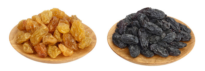 Yellow raisins in wooden bowl isolated on white background with full depth of field