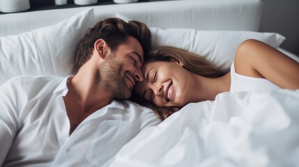 Couple, morning and bedroom love between man and woman lying in bed and waking up from sleep, rest or nap - obrazy, fototapety, plakaty