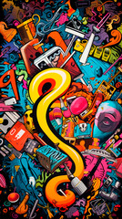Bright abstract graffiti in cartoon style with curves and characters. Street art art. Vivid graphic design. Freedom of self-expression. Stylish typography and accents