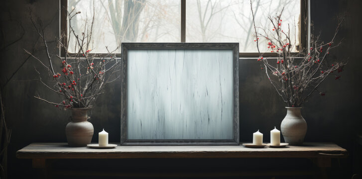 Empty texture paint frame with candles on a table