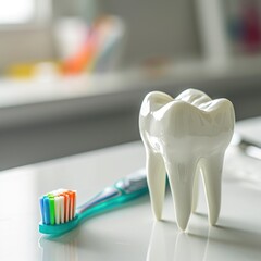 Fototapeta na wymiar Dental Precision: Tooth Model and Brush, High-Resolution Capture