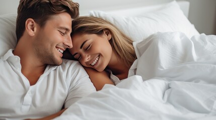 Couple, morning and bedroom love between man and woman lying in bed and waking up from sleep, rest or nap
