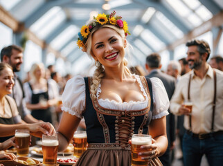 A woman celebrating Oktoberfest, set against a party background to highlight the action. She is wearing a traditional dirndl. Captures the joy and energy of the festival.