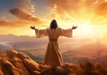 Jesus Christ praying on top of the mountain with open arms. Religion and Culture. AI generated