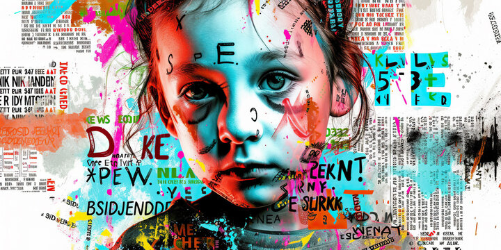A Painting of a Child Surrounded by Words. child abuse concept