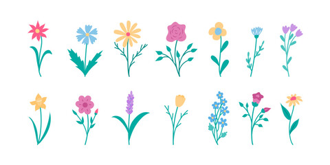 Abstract hand drawn flowers. Spring floral design elements set.