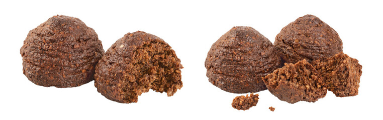 chocolate cookie with kerob, banana, cashew, sunflower seeds and coconut paste isolated on white background. Healthy food, gluten-free, flour-free