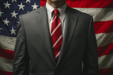 Cropped image of man in suit, Government official against USA national flag, Concept of politics, Person on debates or press conference
