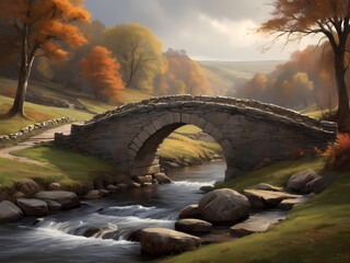 Fototapeta premium Stone Bridge Serenity Amidst Moody Rural Splendor Overlooking a Tranquil River