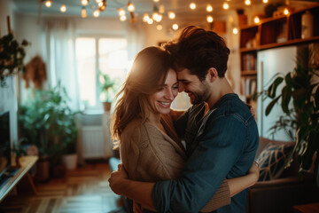 Smiling couple having dance in the living room, Loving man and woman have fun at home, Positive emotions and happiness in family life - obrazy, fototapety, plakaty