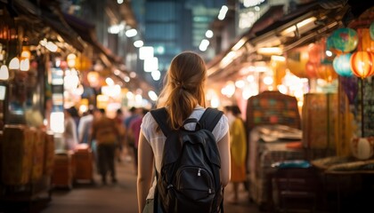 Young woman traveler with backpack at night market in evening.