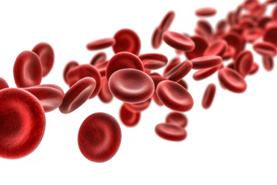 Flowing red blood cells isolated on transparent background, Blood circulation system in the human body, Microbiology concept