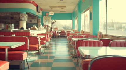 Generative AI, Vintage photo of American cafe 50s, retro interior design