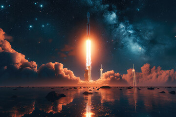 Obraz premium Cosmic Commencement: Starlit Rocket Launch
