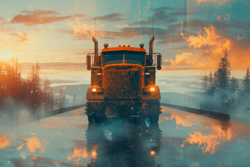 Front and Center: Stunning American Truck on the Road - obrazy, fototapety, plakaty