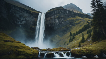 Mountain landscape with waterfall. 
