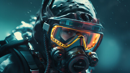 A professional scuba diver, close-up on his face.