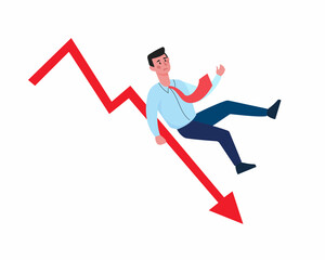 Businessman is falling down on downward arrow financial collapse and economic crisis.