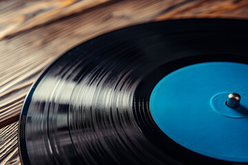 close up of a vinyl record on a wooden table. vintage music