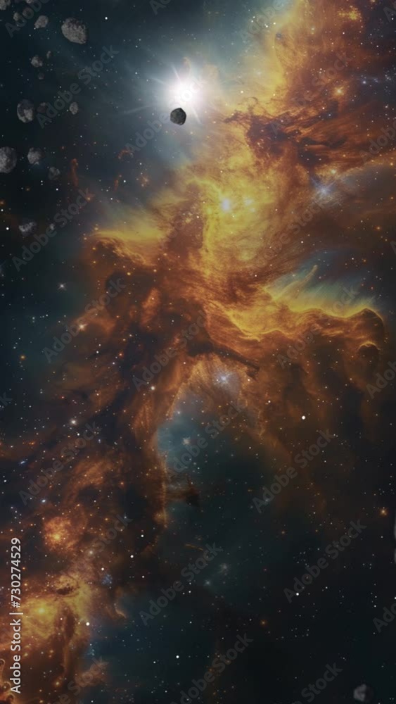 Wall mural a slow animated push past a field of small asteroids towards a cosmic nebula with rotating stars.
