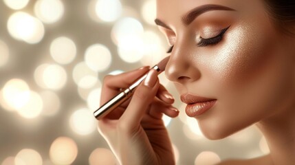 A woman applying a shimmering highlighter, accentuating her features with a touch of radiance and glamour in the world of makeup