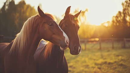 Two horses nuzzling each other in a sunlit pasture, generative ai - obrazy, fototapety, plakaty