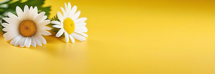 Garden chamomile flowers on yellow background. Top view with copy space