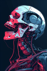 Illustration of a cyborg skeleton, implants, pain, warrior pose, in futuristic environment and post apocalyptic setting