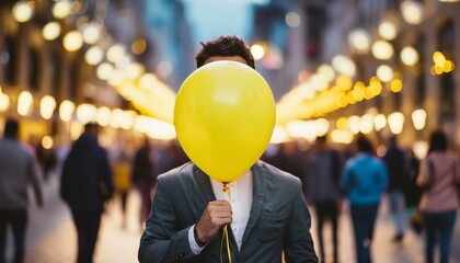 A person standing with a yellow balloon covering their face, symbolizing concepts of privacy, anonymity, masking, and hiding - obrazy, fototapety, plakaty