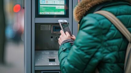 person using a mobile phone in front of a cash machine