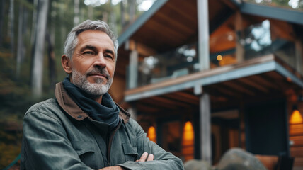 Obraz premium Portrait of smiling mature man standing with arms crossed near log cabin