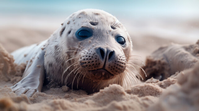 A curious baby seal lies on a sandy beach and stares at the camera with big soulful eyes under the soft light of the rising sun. Wildlife Conservation. The problem of global warming