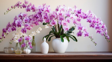 Classic still life with purple and white orchids in a round white vase on a wooden table. Home decoration with flowers. Symbol of spring freshness and mood