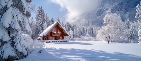 Tiny mountain cabin covered in snow