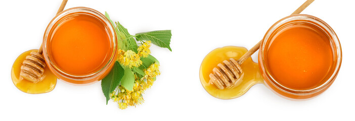 Honey with linden flowers isolated on white background.