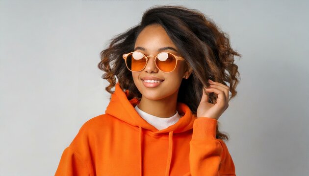  Young confident beautiful girl wearing trendy orange hoodie, color sunglasses