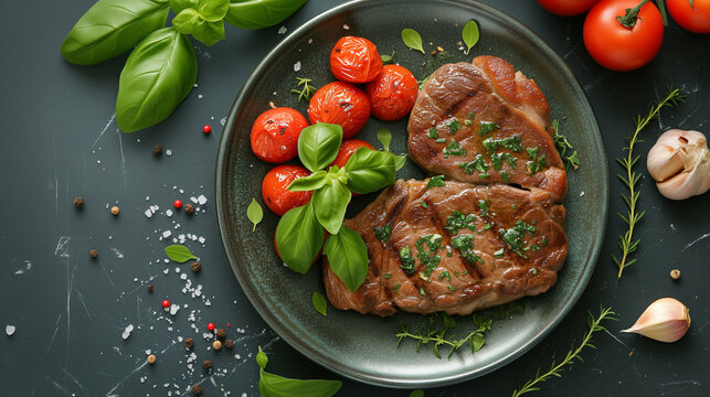 Grilled steak with cherry tomatoes, garlic and rosemary on a plate on a black background. Top view.