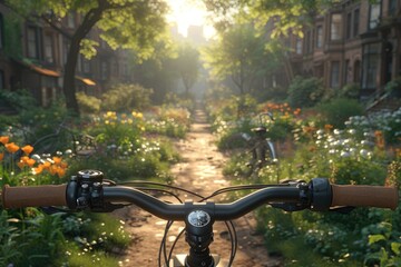 Fototapeta premium a bike view of spring road in the sunlight professional photography