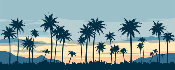 Fototapeta na wymiar Beautiful panoramic landscape of silhouettes of palm trees and mountains against the backdrop of an amazing sunset with clouds. Paradise sunset. Vector illustration for poster, banner, card, print.