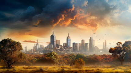Futuristic cityscape with skyscrapers and greenery with trees against a cloudy sky, depicting an advanced civilization. Future concepts, sci-fi and extraterrestrial possibilities
