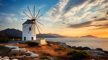 Mykonos greece traditional windmills the symbol of mykonos during sunset landscape during sunset sea shore and beach photo for travel and vacation,,
Mykonos Windmills, Symbol of Greece, Beach Landsca
 - obrazy, fototapety, plakaty