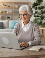 Fototapeta na wymiar joyful senior white woman uses a laptop