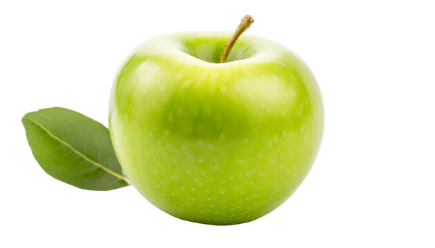 Green apple with leaf isolated on transparent background.