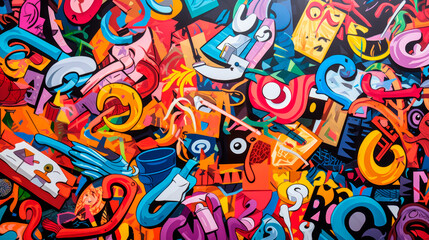 A dynamic pop art collage featuring an array of shapes, patterns, and colors, reminiscent of comic book style. Yar graffiti on the walls of the city streets. Street Art. Freedom of creativity