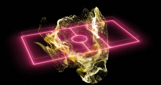 Animation of network of yellow particles floating over pink neon basketball court on black