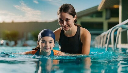 young girl with an adult swimming instructor in a pool - obrazy, fototapety, plakaty